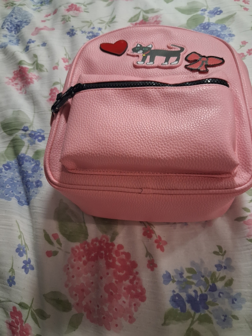 Pink Faux Leather Mini Backpack with Cat & Heart Patches